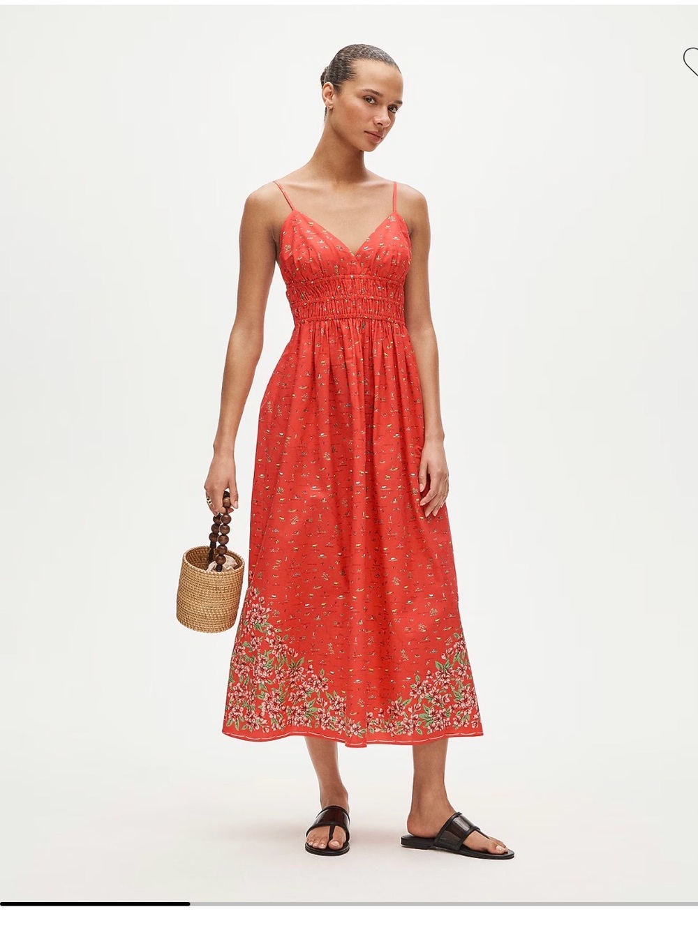 Smocked-waist V-neck dress in map print